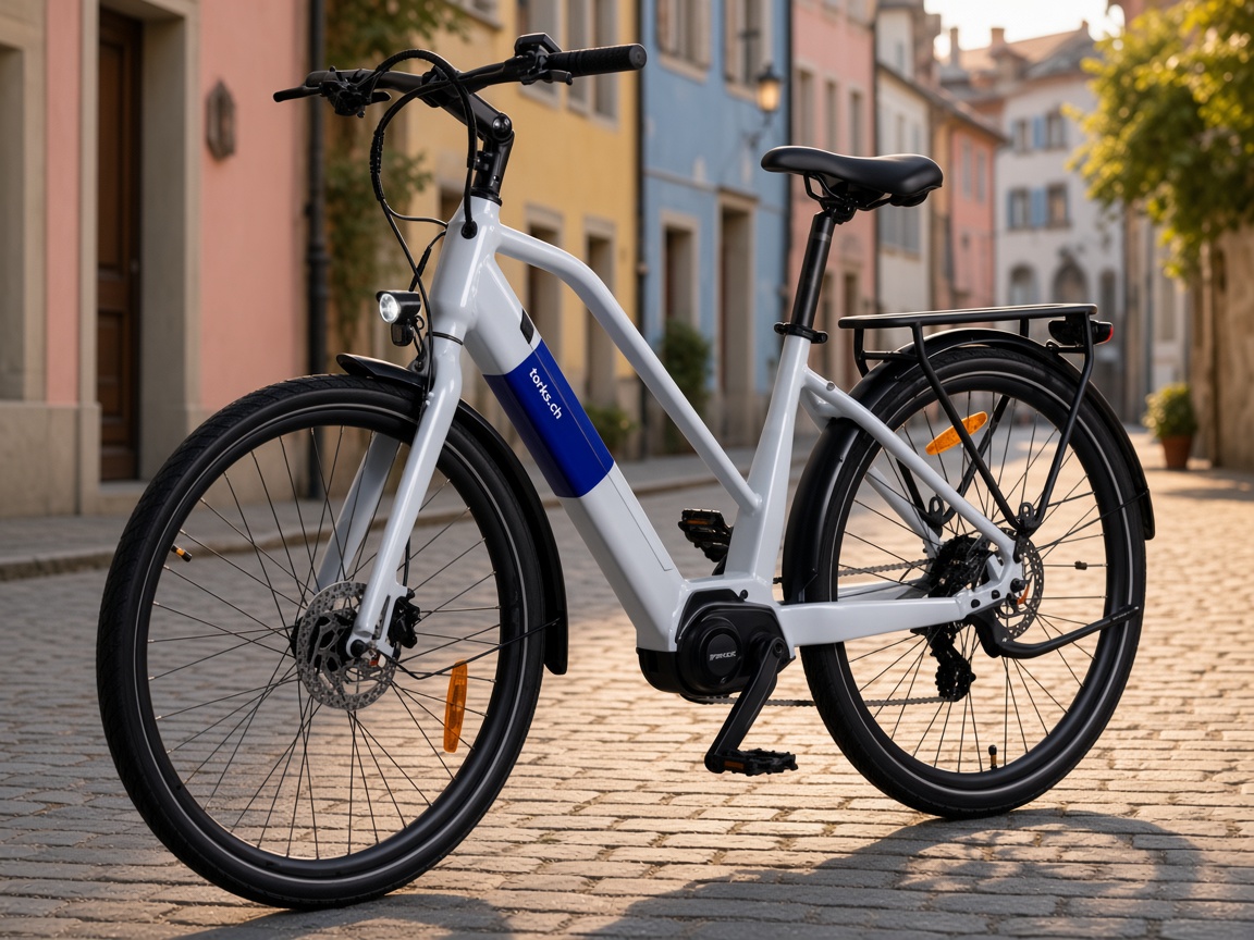 Torks electric bike with mudguards, kickstand and rear rack on a Swiss street