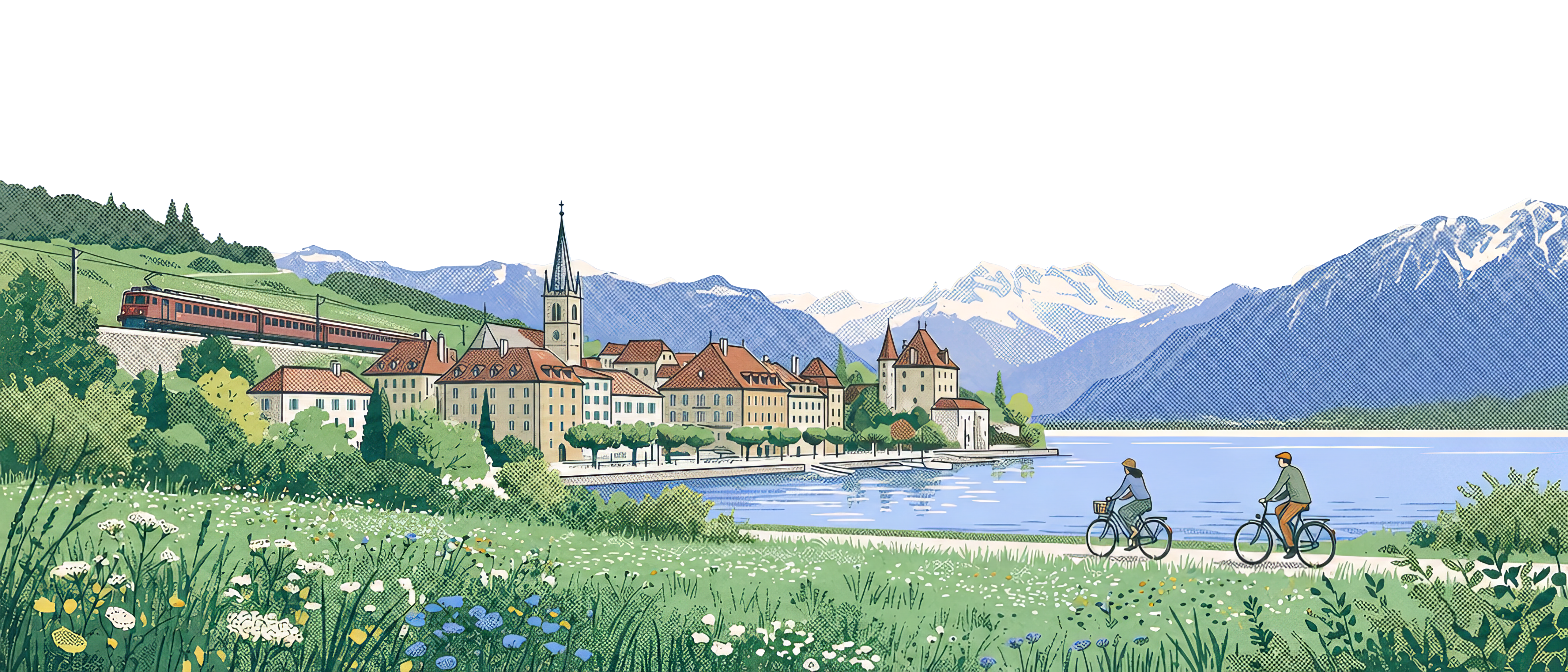 Illustration einer Torks-Velofahrerin in der Schweizer Landschaft