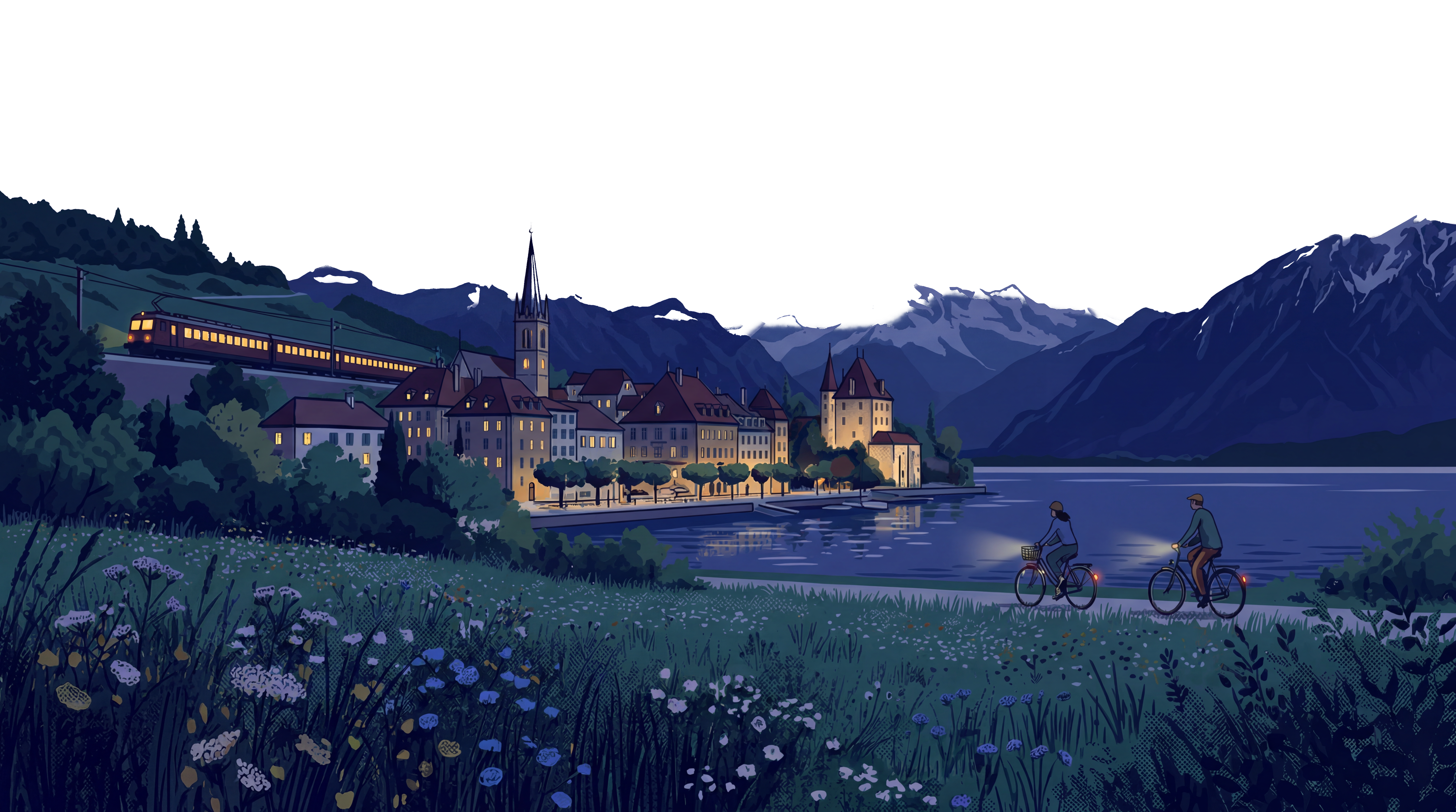 Illustration einer Torks-Velofahrerin in der Schweizer Landschaft